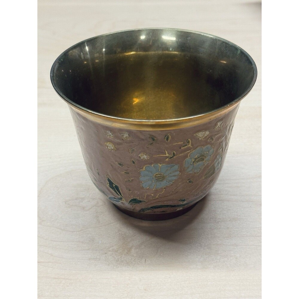Vintage Solid Brass & Enamel Floral Flower Pot Planter